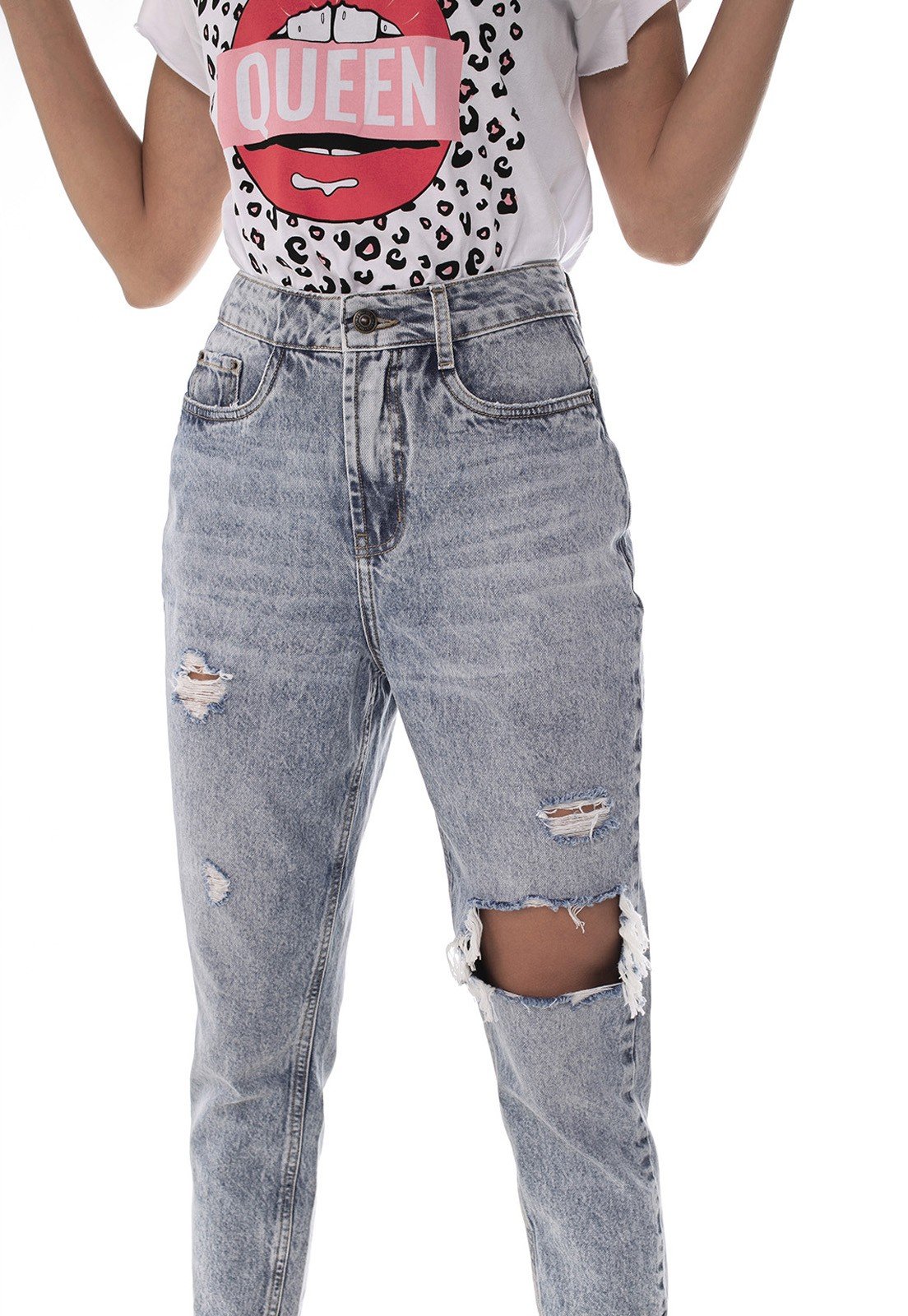 dz3640 alg calca jeans feminina mom cropped rasgo no joelho denim zero frente prox