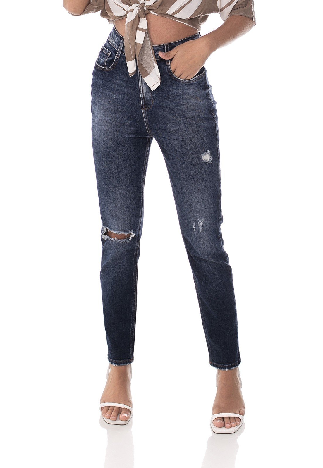dz3637 com calca jeans feminina mom fit rasgo no joelho denim zero frente prox