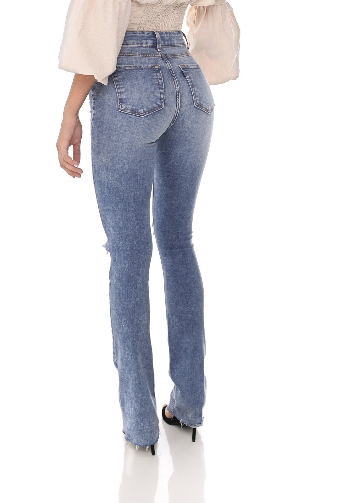 dz3641 com calca jeans feminina boot cut rasgo no joelho denim zero costas prox