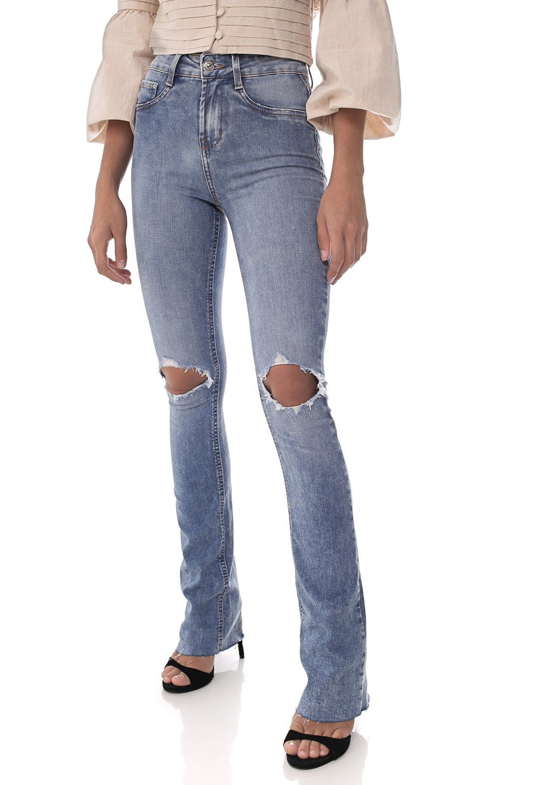 dz3641 com calca jeans feminina boot cut rasgo no joelho denim zero detalhe
