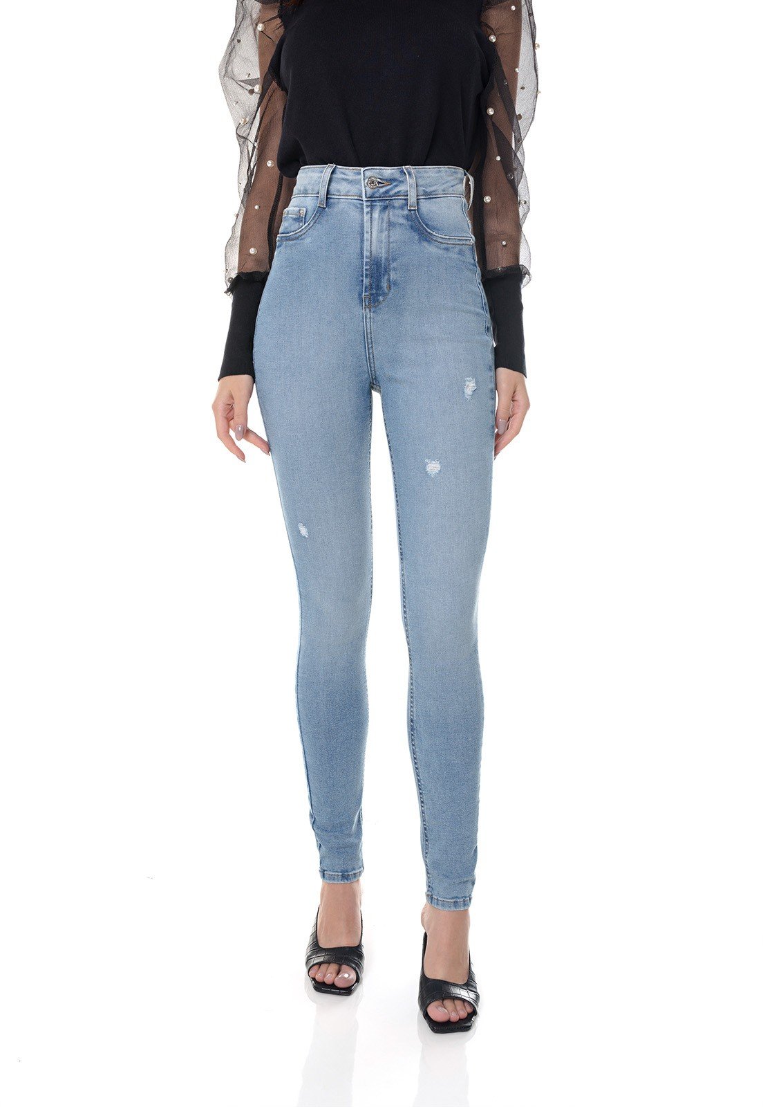 dz3655 re calca jeans feminina skinny hot pants cigarrete com puidos denim zero frente prox
