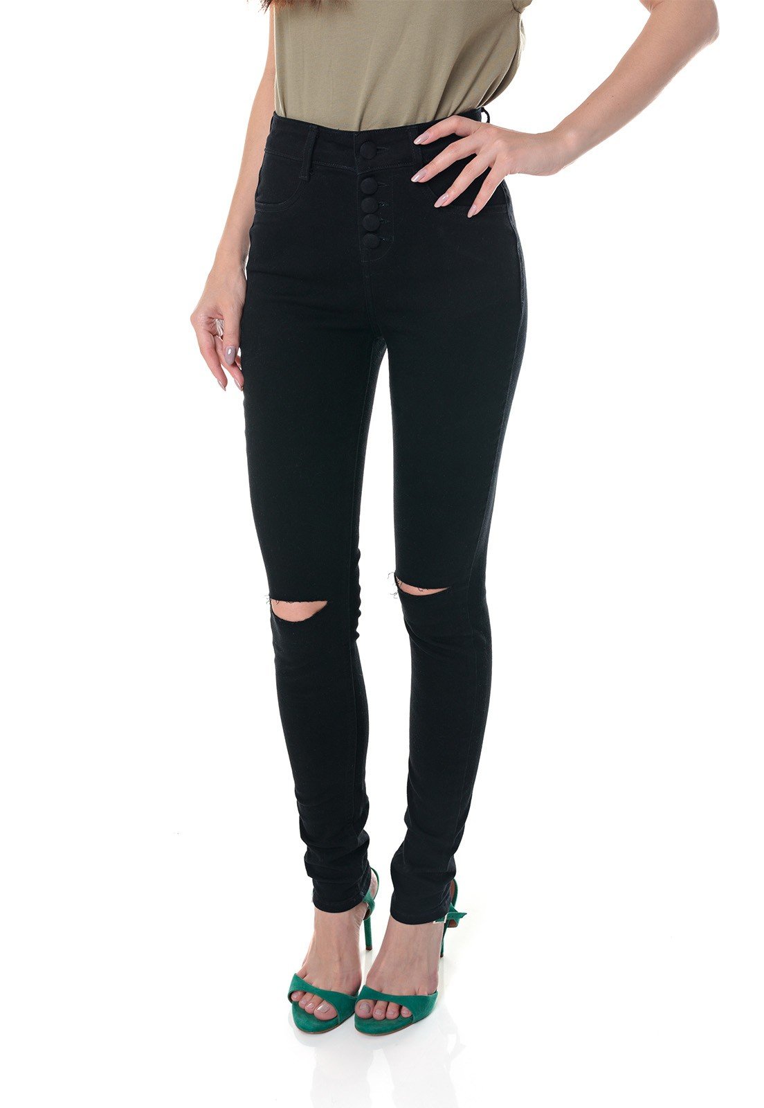 dz3696 re calca jeans feminina skinny media black and white com rasgo no joelho preta denim zero frente prox