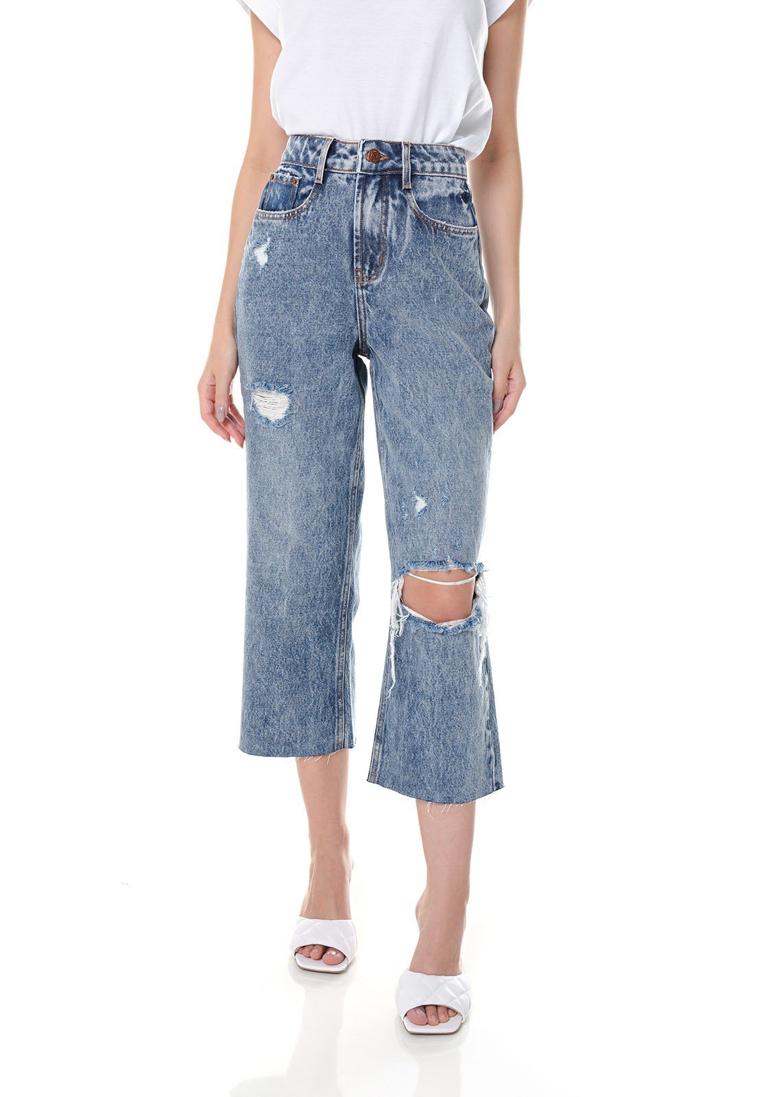 dz3661 alg calca jeans feminina wide leg com rasgo no joelho denim zero frente prox