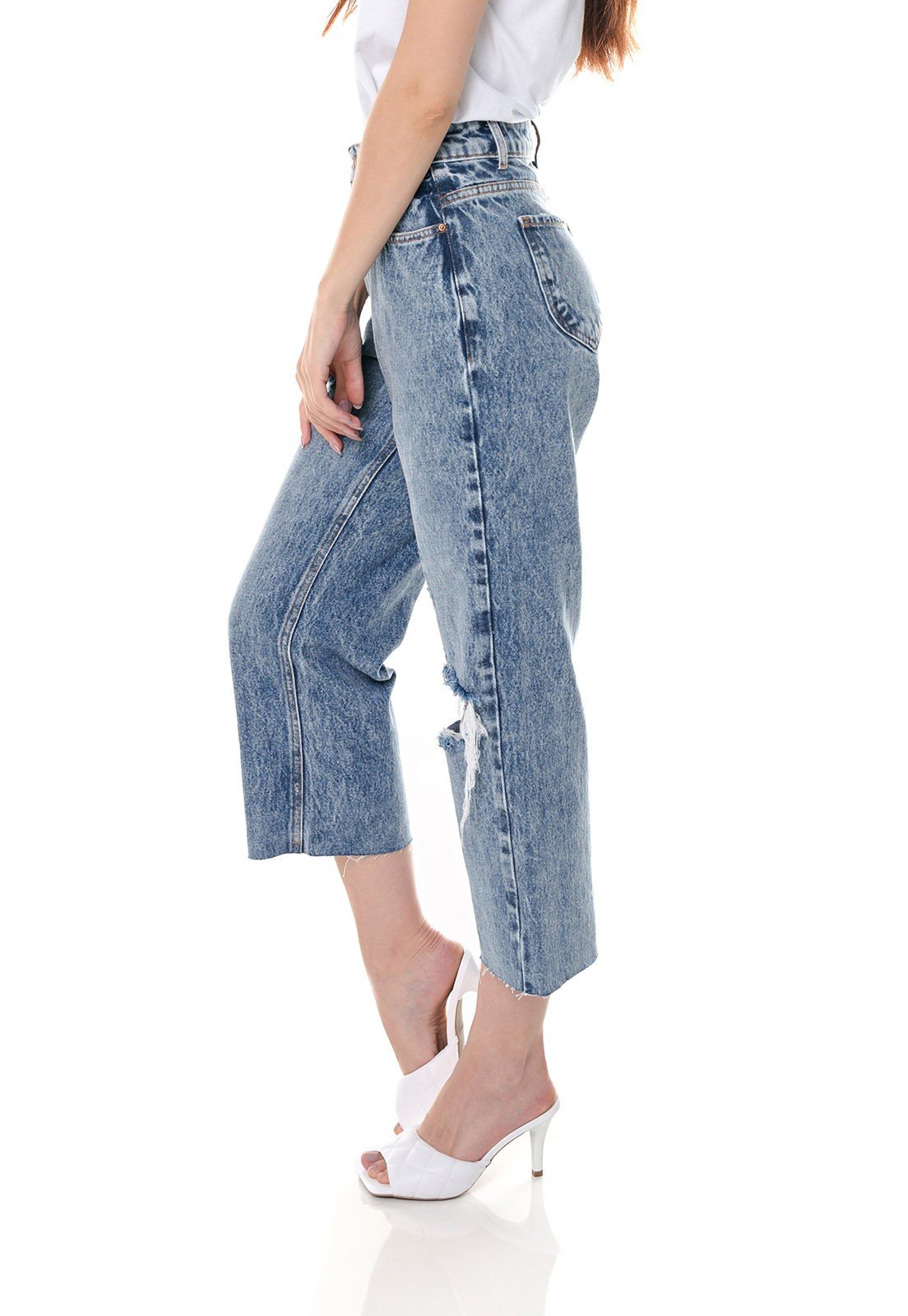 dz3661 alg calca jeans feminina wide leg com rasgo no joelho denim zero lado prox