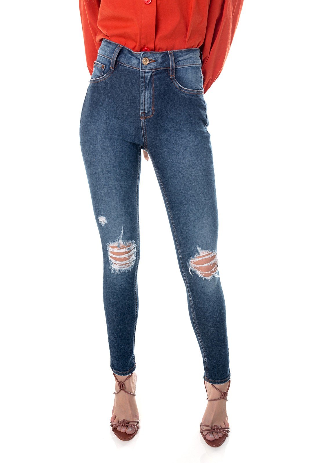 dz3649 com calca jeans feminina skinny media cigarrete com rasgos no joelho denim zero frente prox