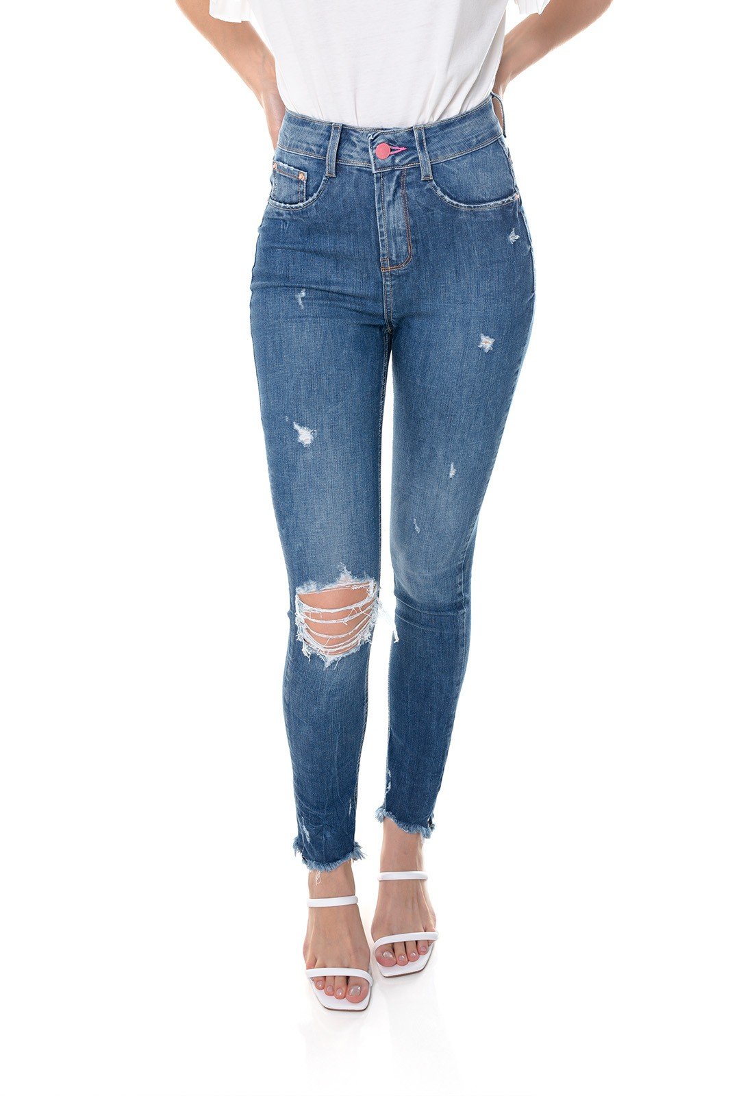 dz3651 re calca jeans feminina skinny media cigarrete com rasgo no joelho denim zero frente prox
