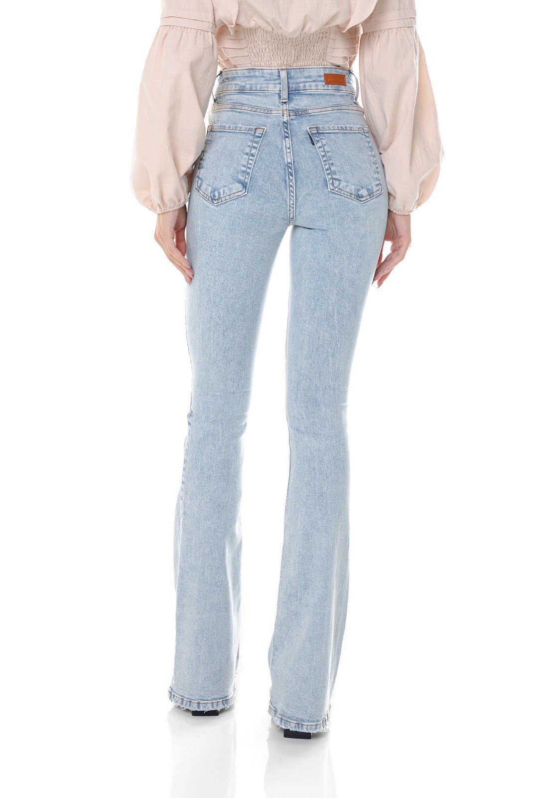dz3656 com calca jeans feminina flare media clarinha denim zero costas prox