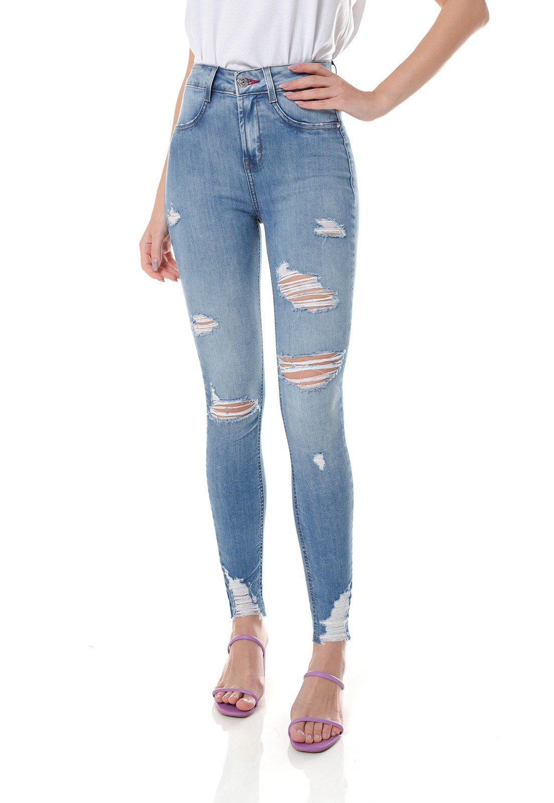 dz3698 com calca jeans feminina skinny media cigarrete destroyed denim zero frente prox