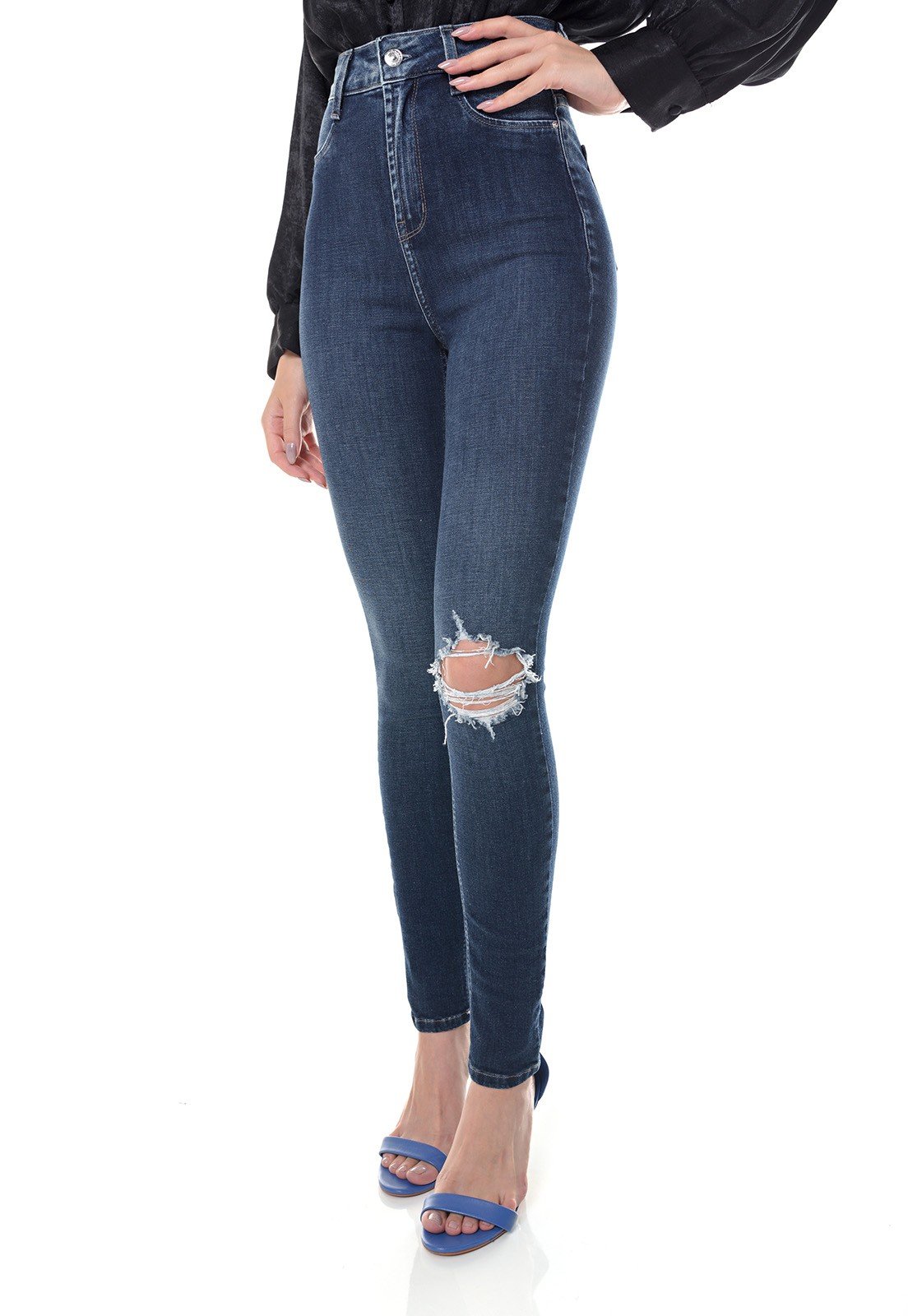 dz3654 com calca jeans feminina skinny hot pants com rasgo no joelho denim zero frente prox