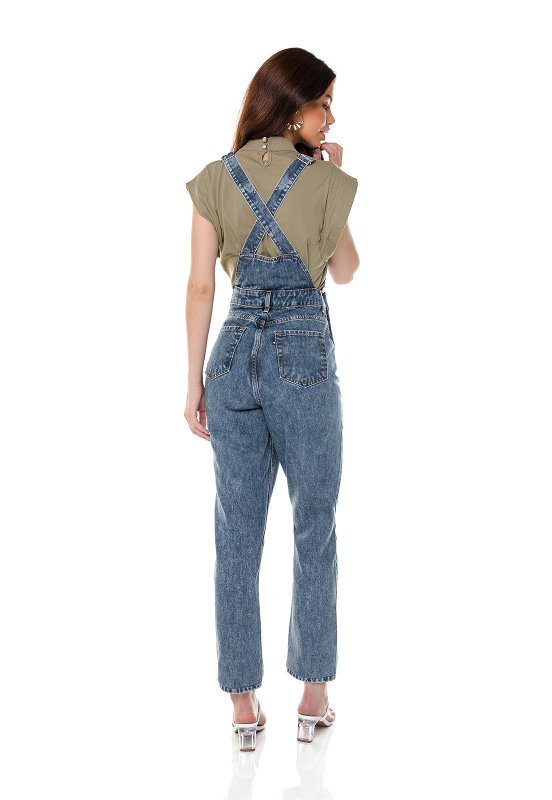 dz8049 jardineira jeans feminina mom denim zero costas