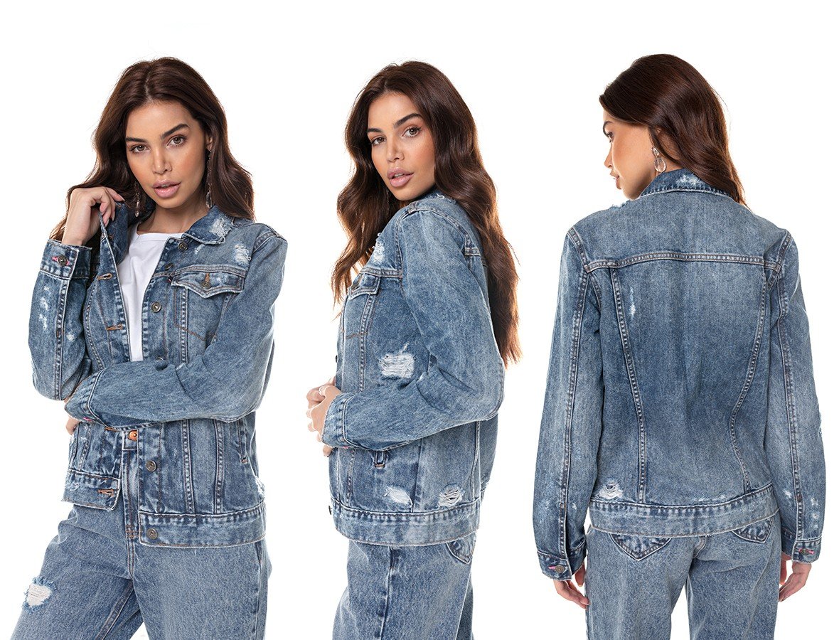 dz9127 alg jaqueta jeans feminina regular com puidos denim zero tripla