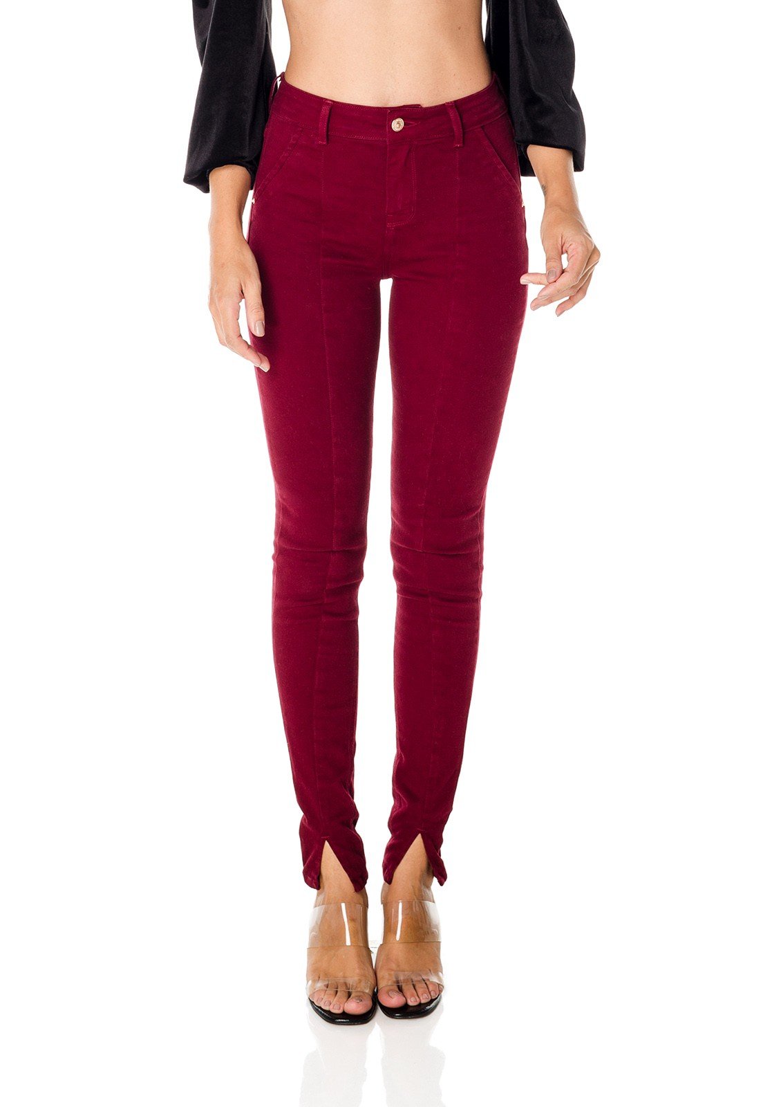 dz3662 re calca jeans feminina skinny media colorida com abertura na barra carmine denim zero frente prox