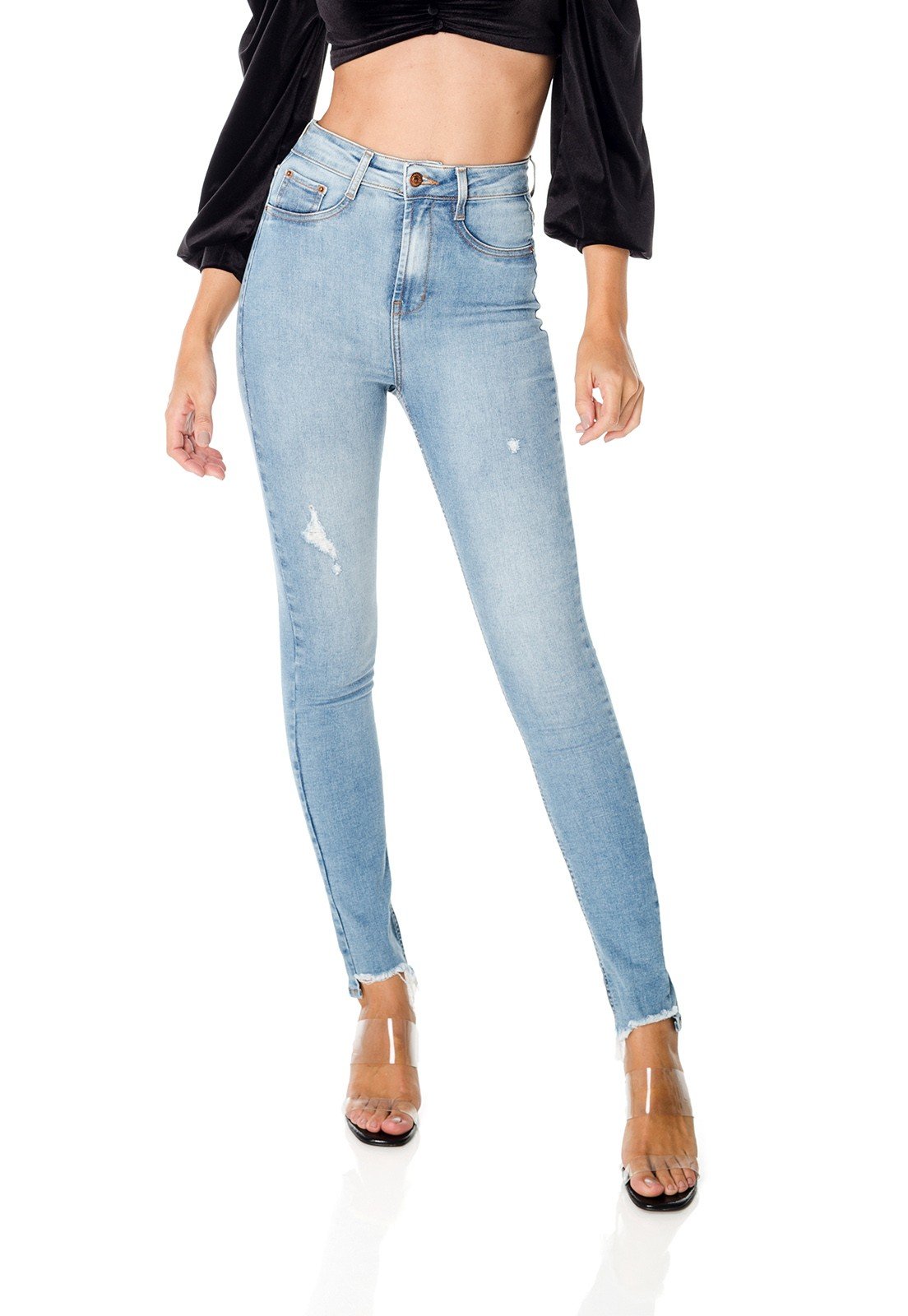 dz3682 re calca jeans feminina skinny hot pants barra irregular denim zero frente prox