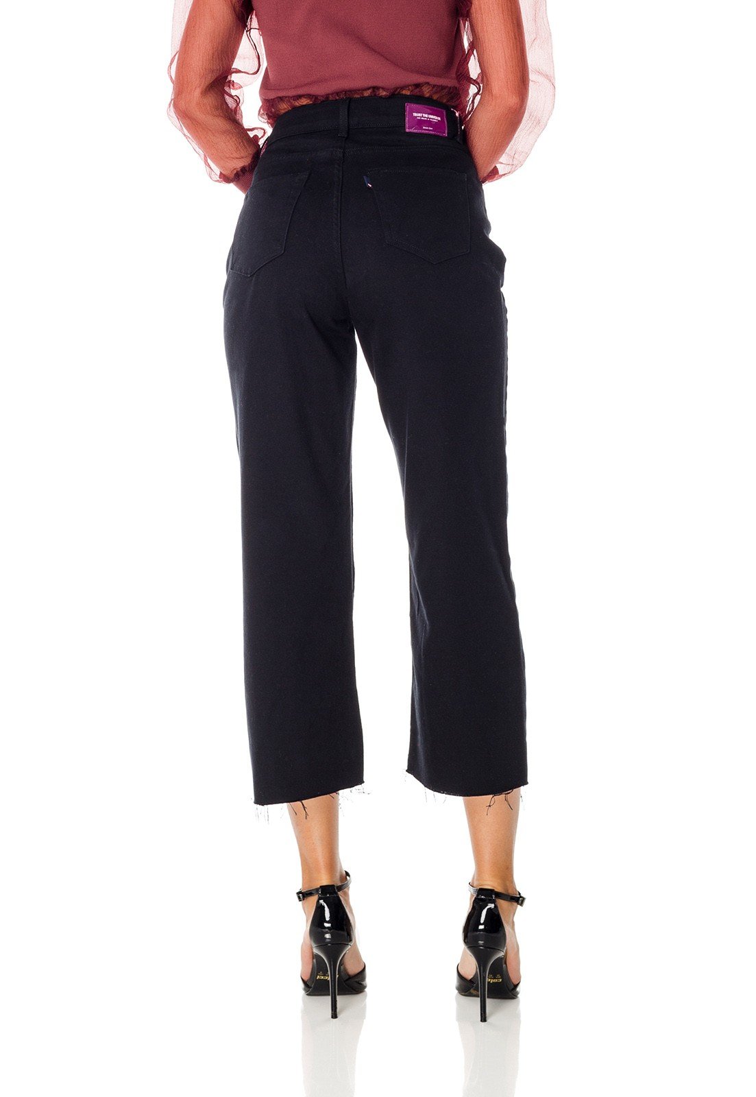 dz3711 alg calca jeans feminina wide leg preta denim zero costas prox