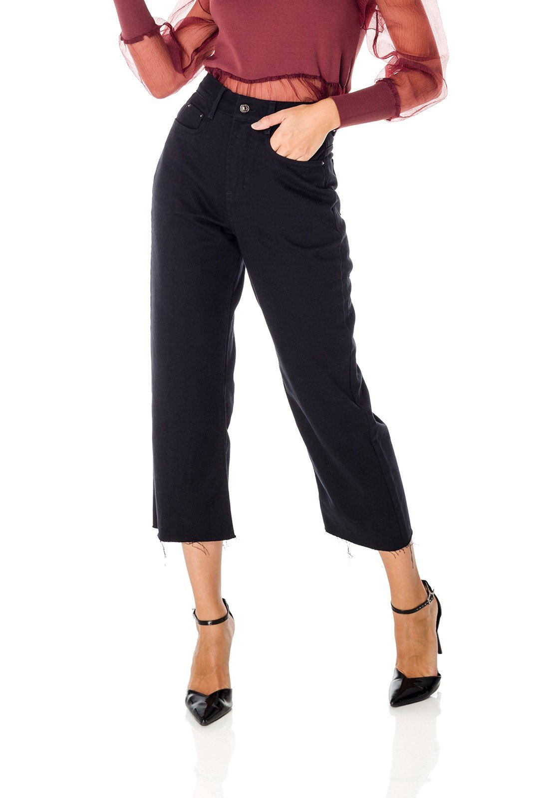 dz3711 alg calca jeans feminina wide leg preta denim zero frente prox