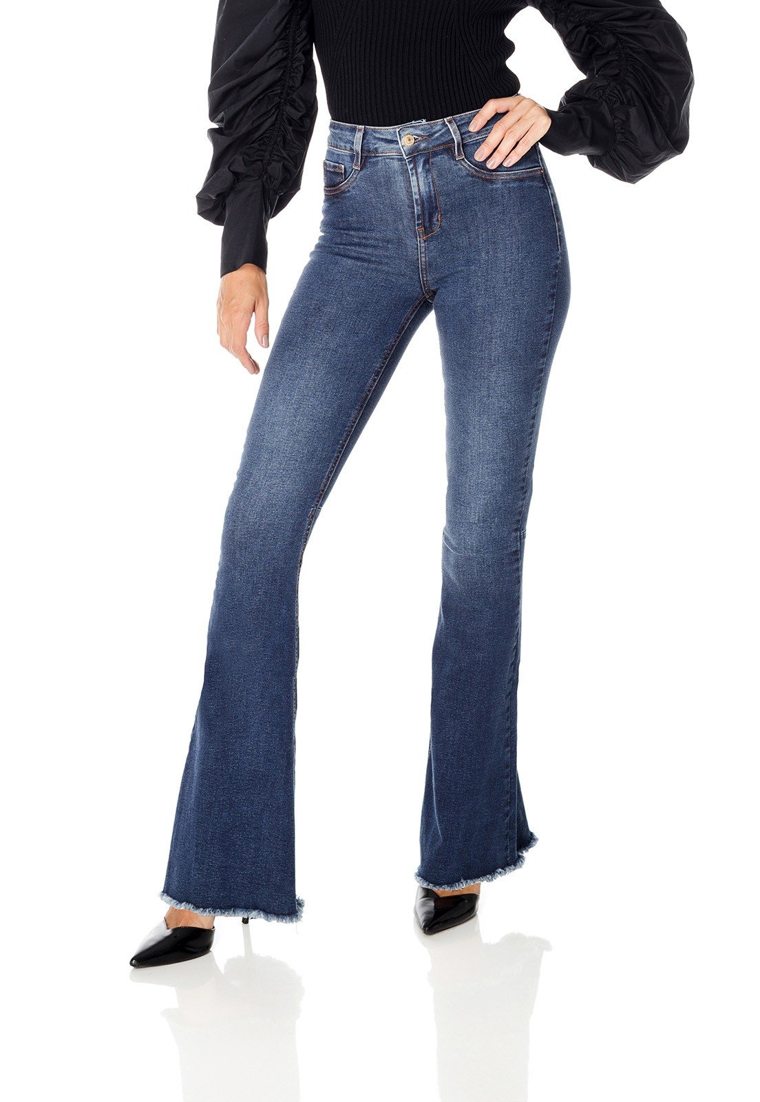 dz3693 com calca jeans feminina super flare com barra irregular denim zero frente prox