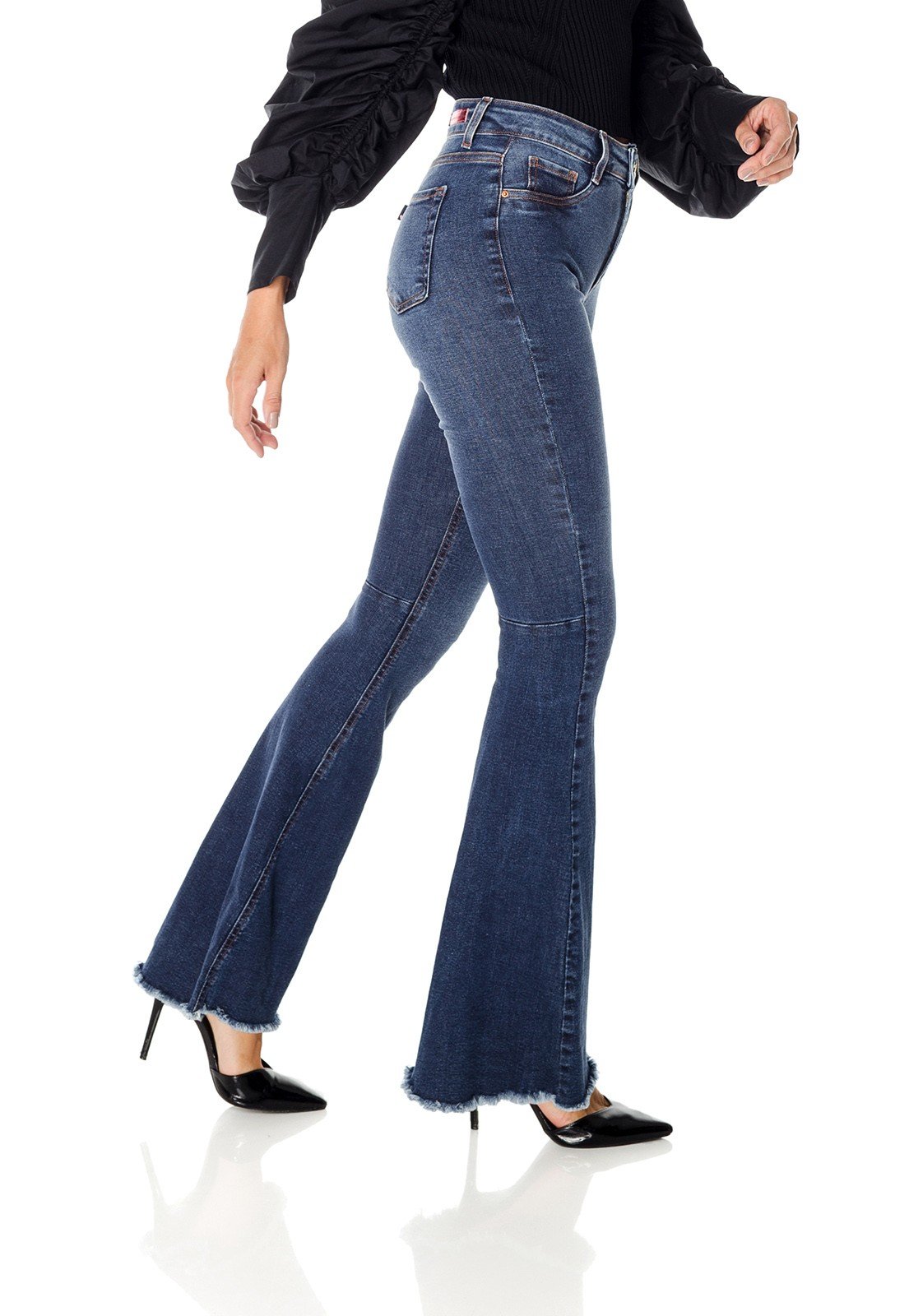 dz3693 com calca jeans feminina super flare com barra irregular denim zero lado prox