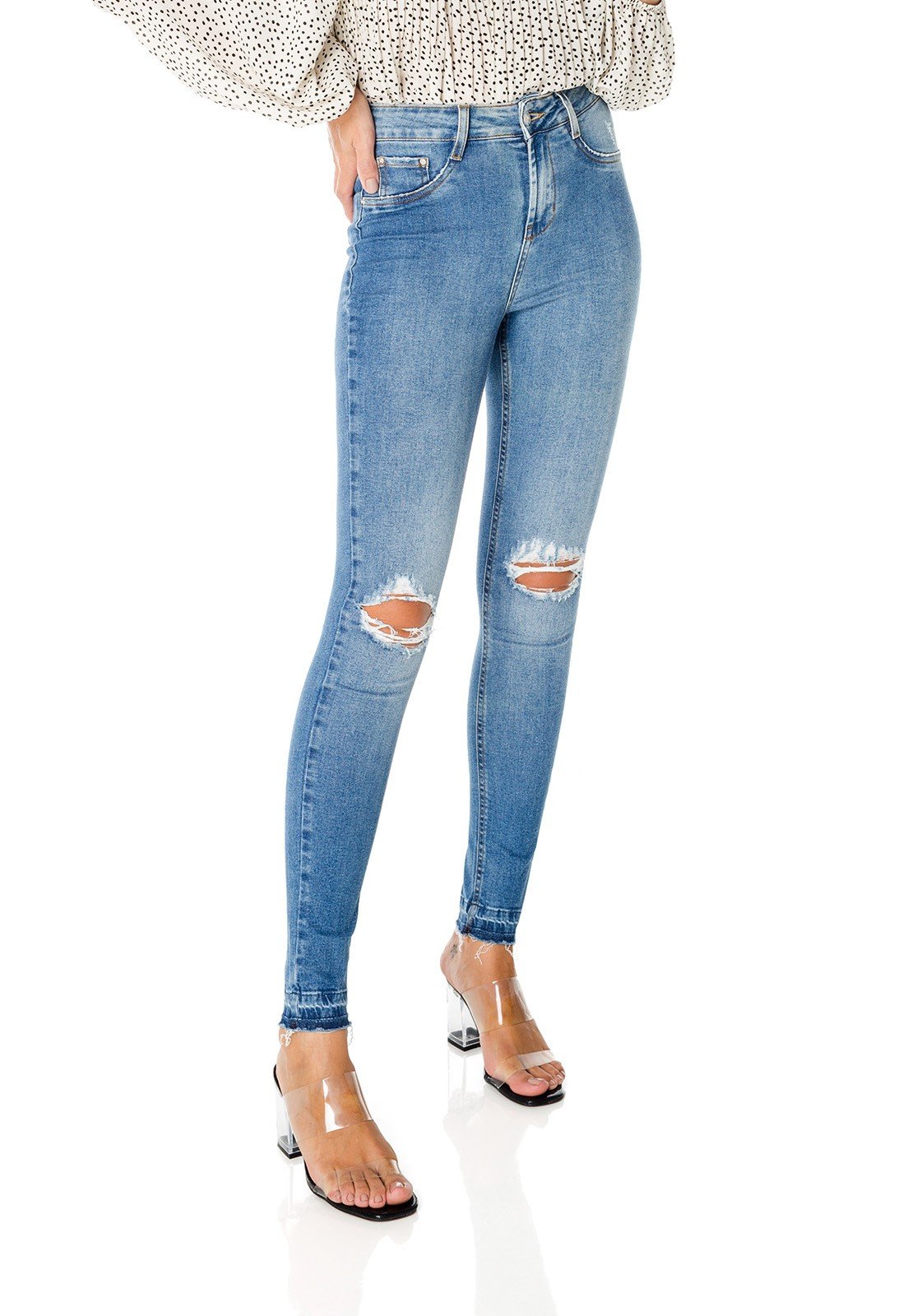 dz3598 com calca jeans feminina skinny media com rasgos no joelho denim zero frente prox