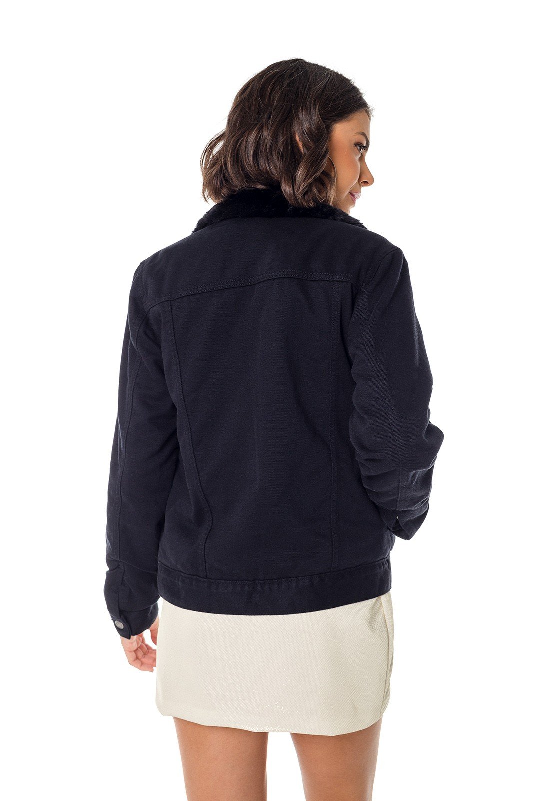 dz9132 alg jaqueta jeans feminina regular com pelo preta denim zero costas