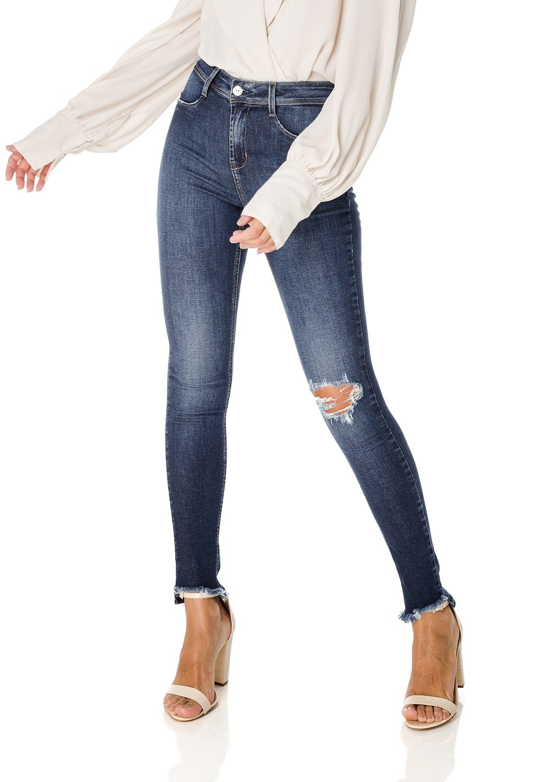 dz3667 com calca jeans feminina skinny media com rasgo no joelho denim zero frente prox