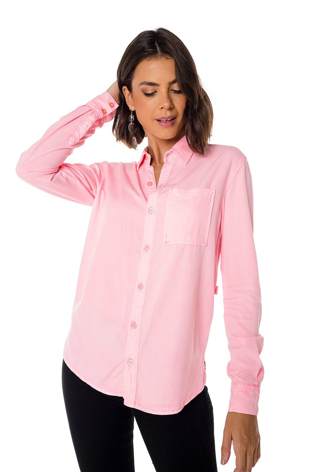dz11151 camisa jeans feminina oversize colorida rosa neon pastel denim zero frente