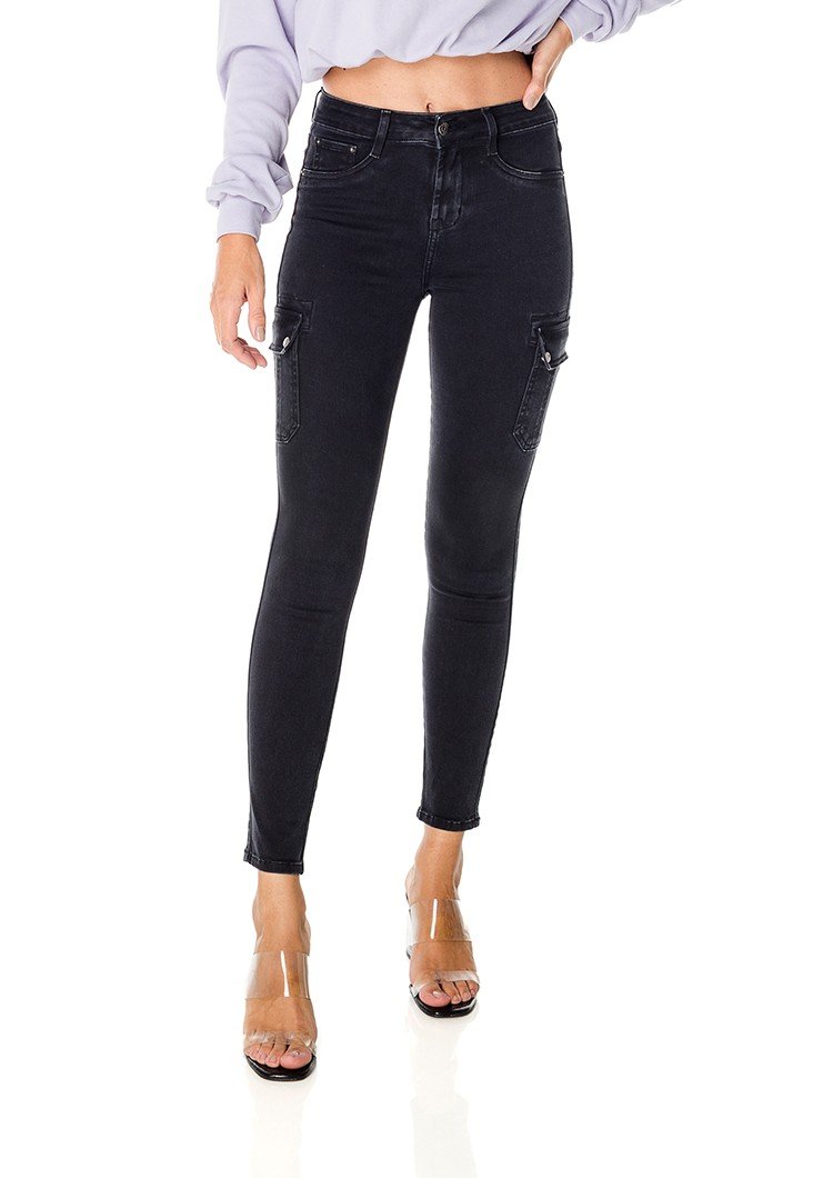 dz3672 re calca jeans feminina skinny media cigarrete com bolso lateral denim zero frente prox