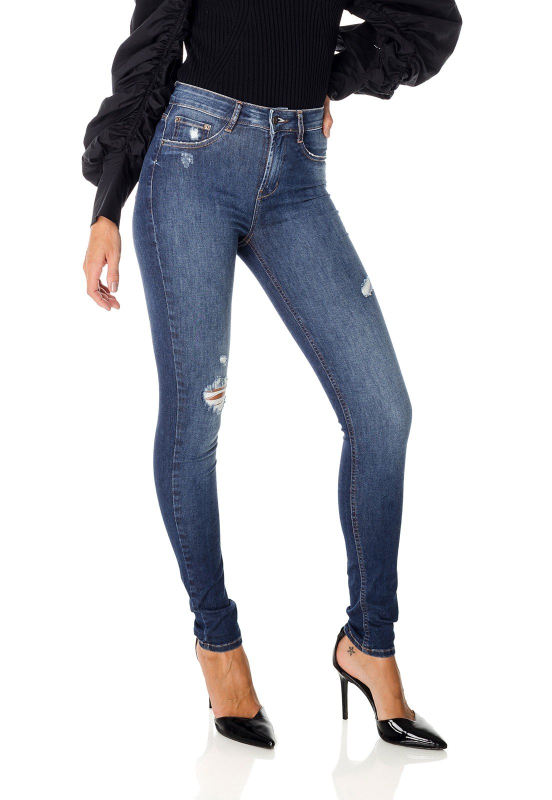 dz3663 re calca jeans feminina skinny media com puidos denim zero frente prox