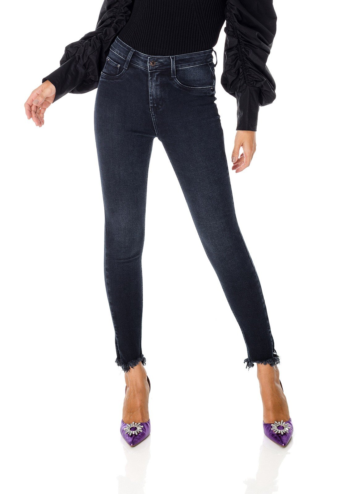 dz3680 com calca jeans feminina skinny media cigarrete com fenda e barra irregular denim zero frente prox
