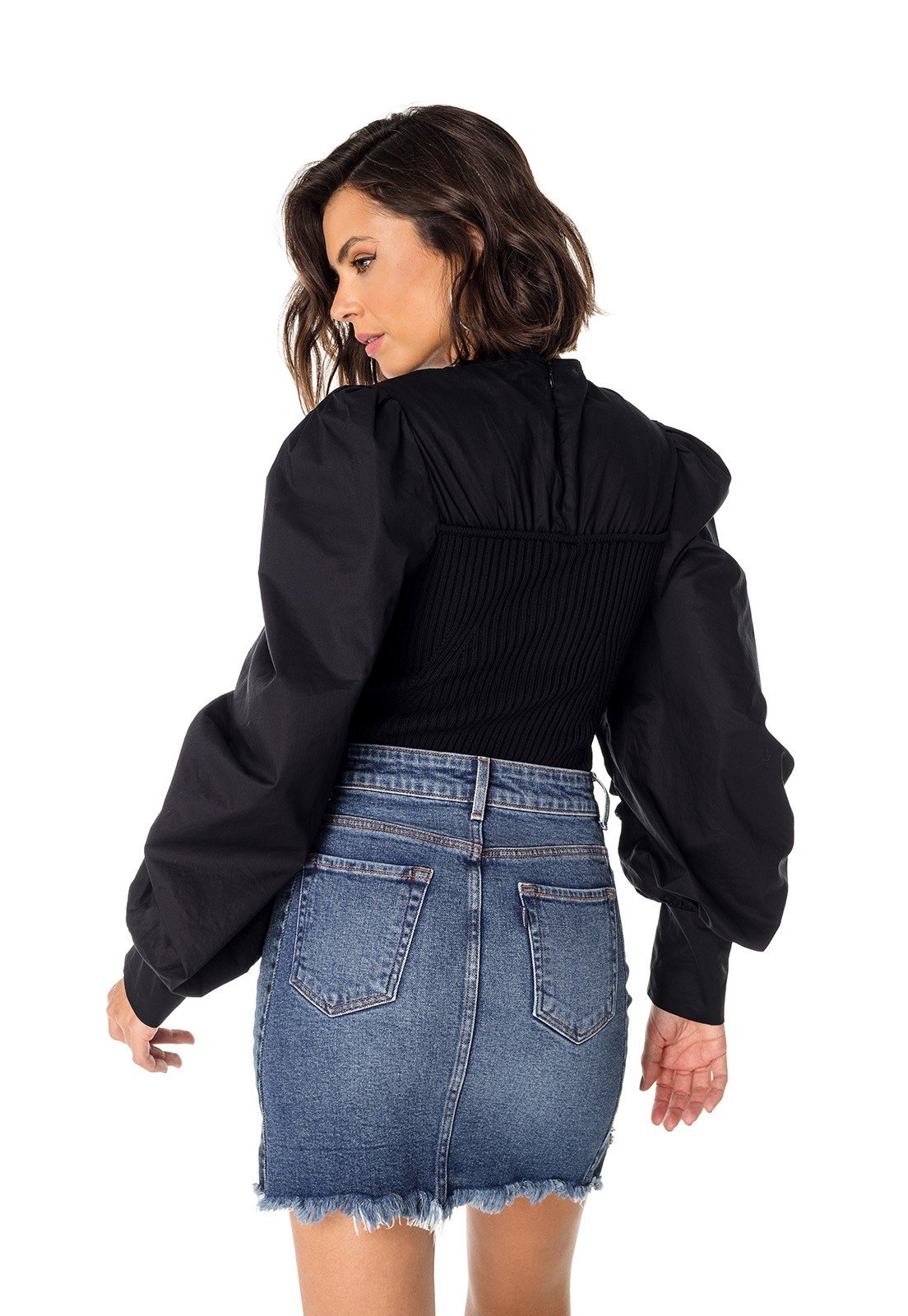 dz7198 com saia jeans feminina tubinho com recorte lateral denim zero costas prox