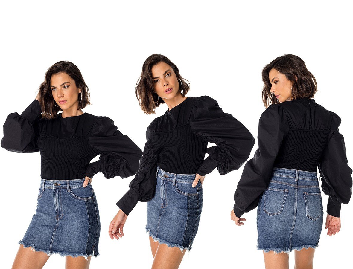 dz7198 com saia jeans feminina tubinho com recorte lateral denim zero trio