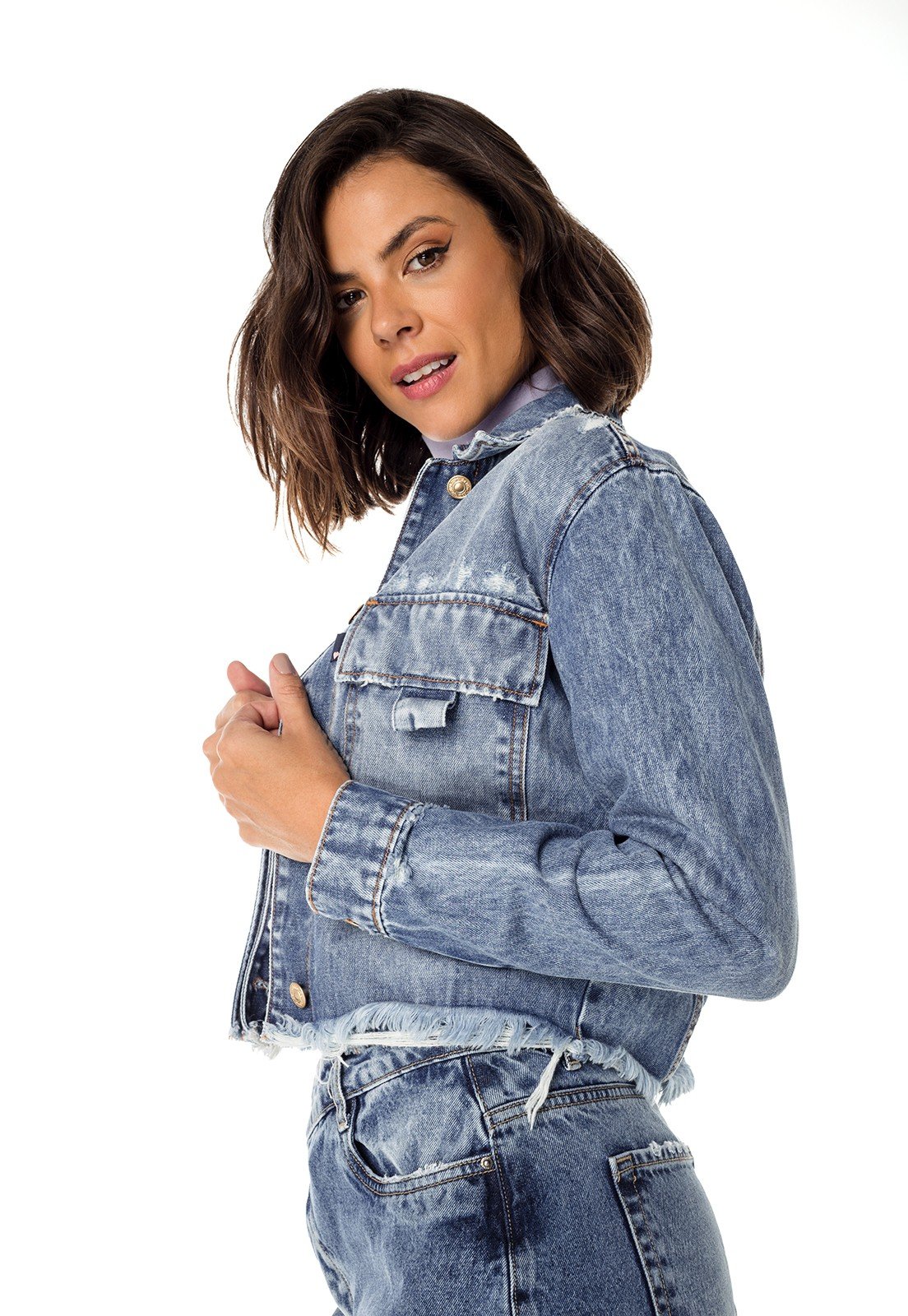dz9128 alg jaqueta jeans feminina cropped barra desfiada denim zero lado