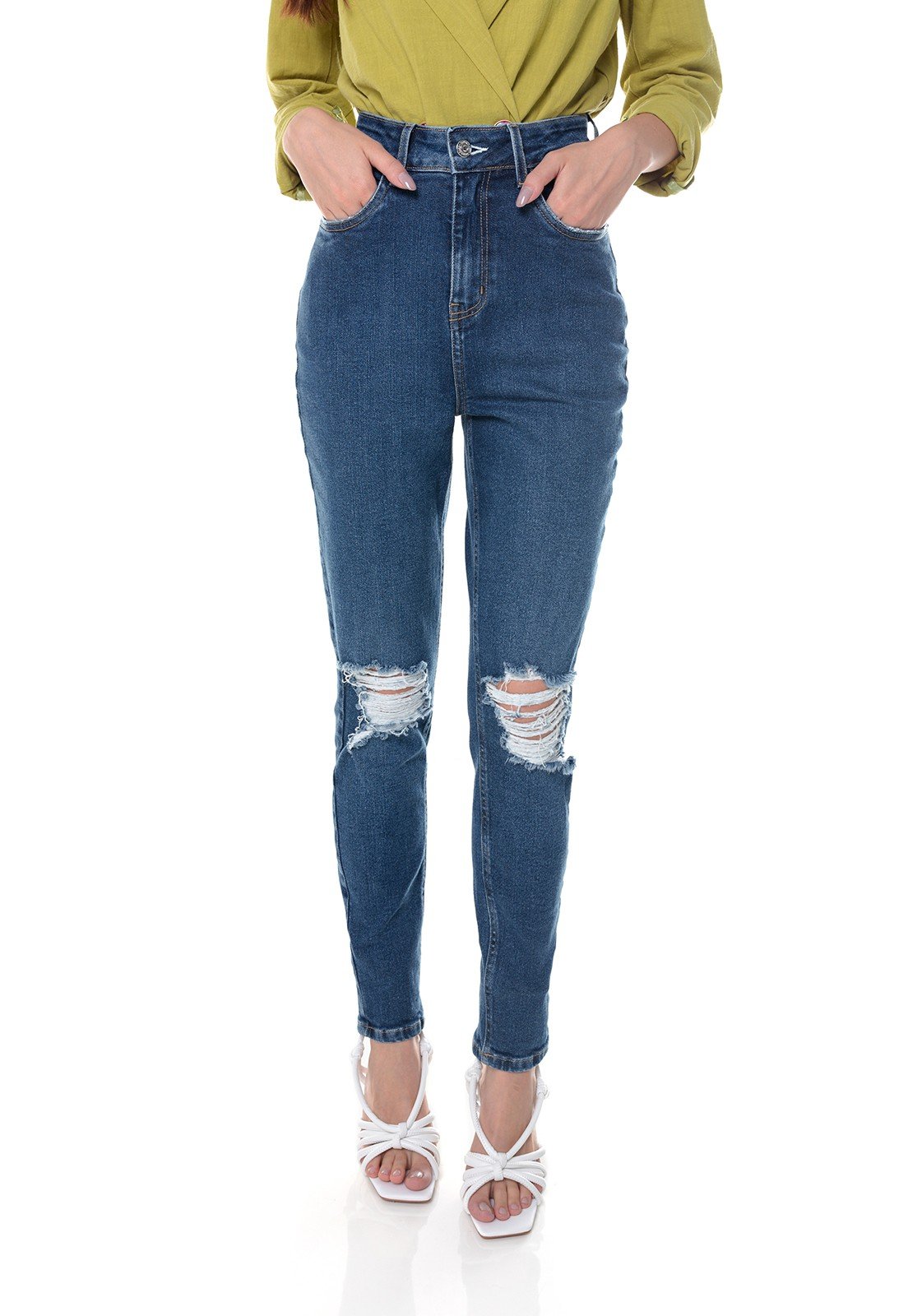 dz3699 re calca jeans feminina mom fit com rasgos no joelho denim zero frente prox