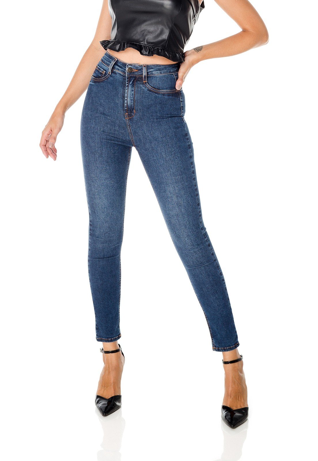 dz3683 re calca jeans feminina skinny hot pants cigarrete escura denim zero frente prox