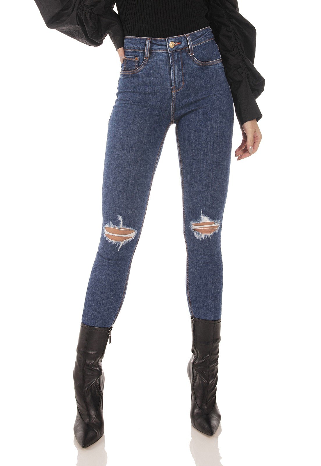 dz3726 com calca jeans feminina skinny media cigarrete rasgos joelho denim zero frente prox