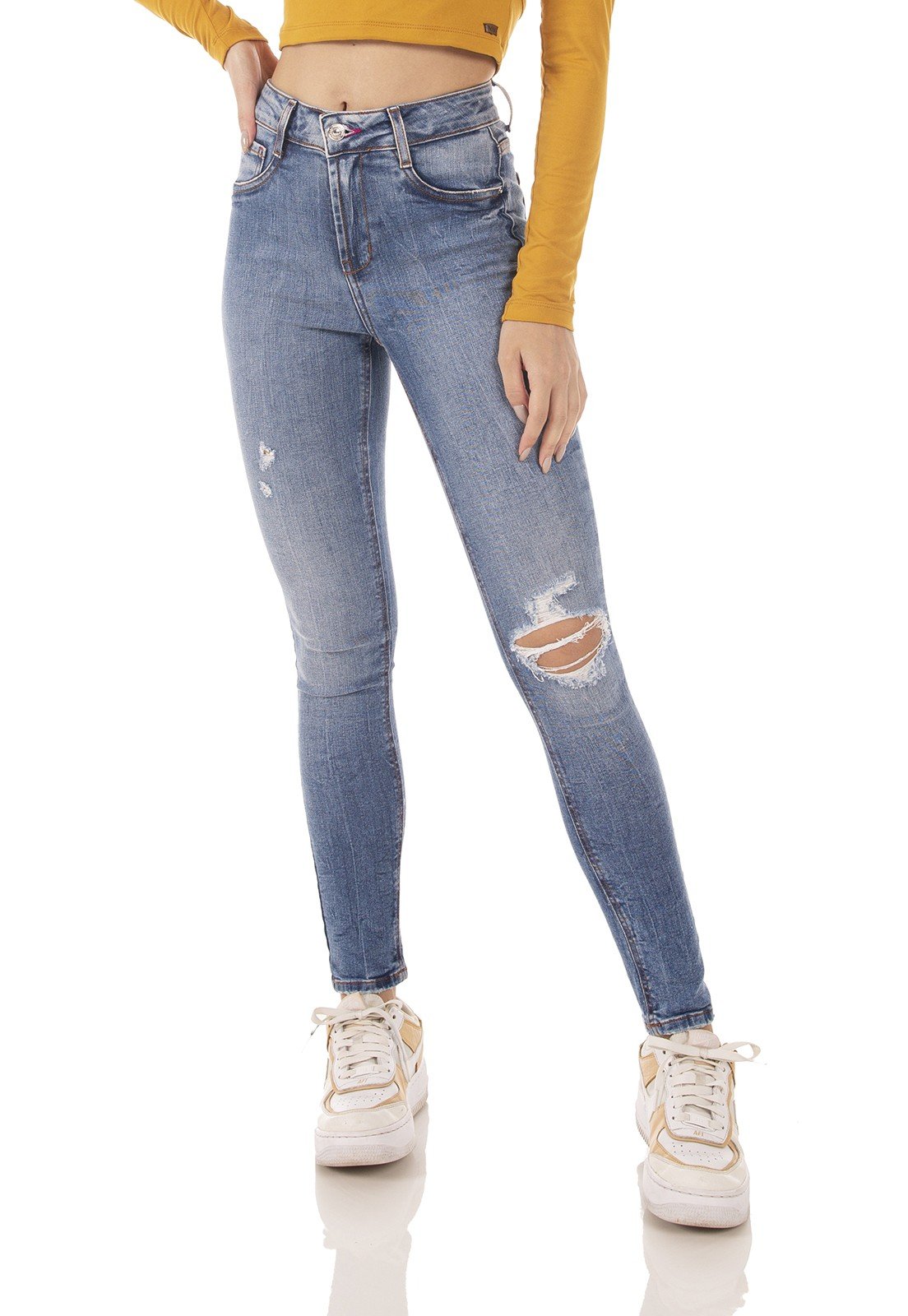 dz3727 com calca jeans feminina skinny media cigarrete rasgo joelho denim zero frente prox
