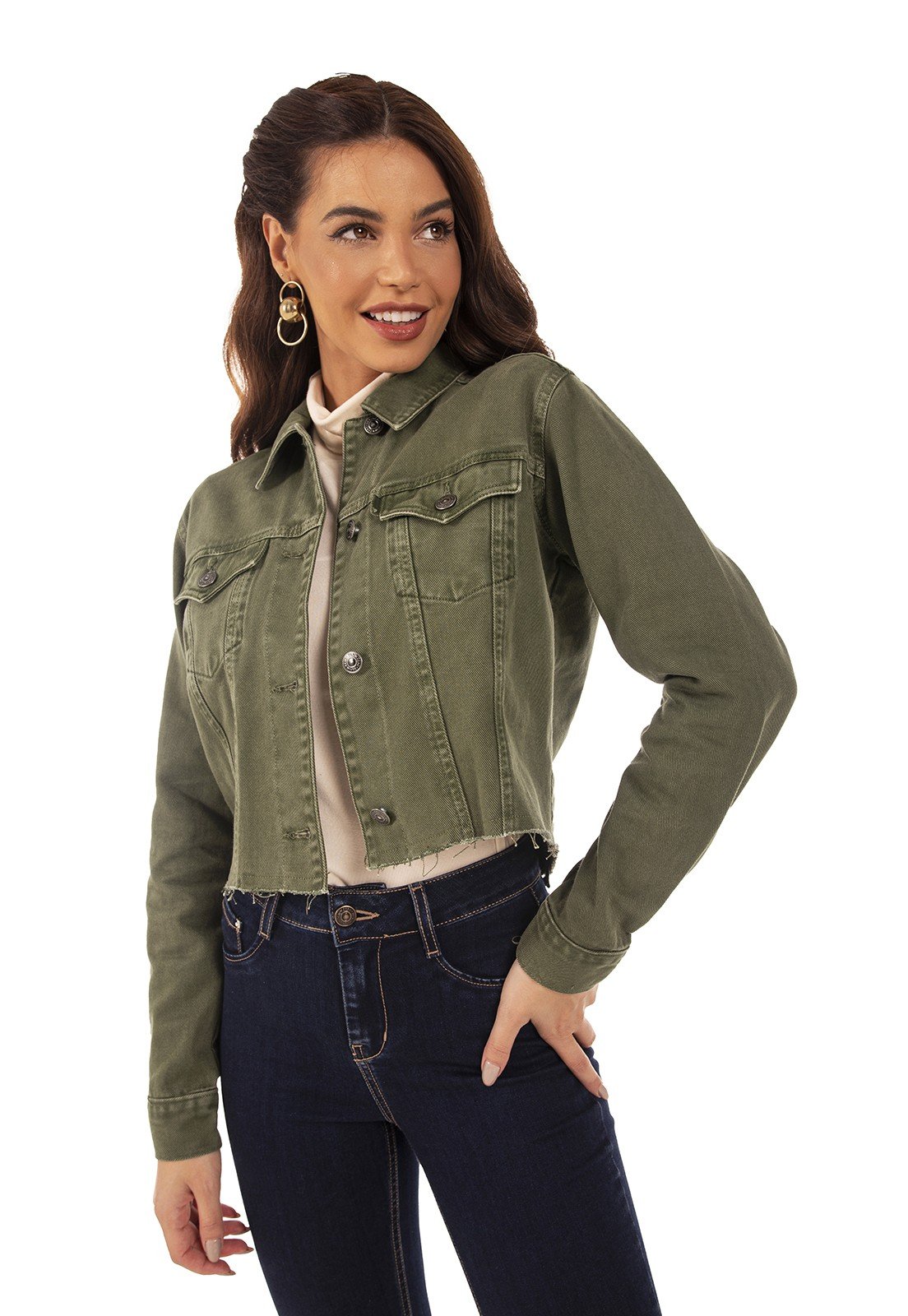 dz9134 alg jaqueta jeans feminina cropped colorida cacto denim zero frente