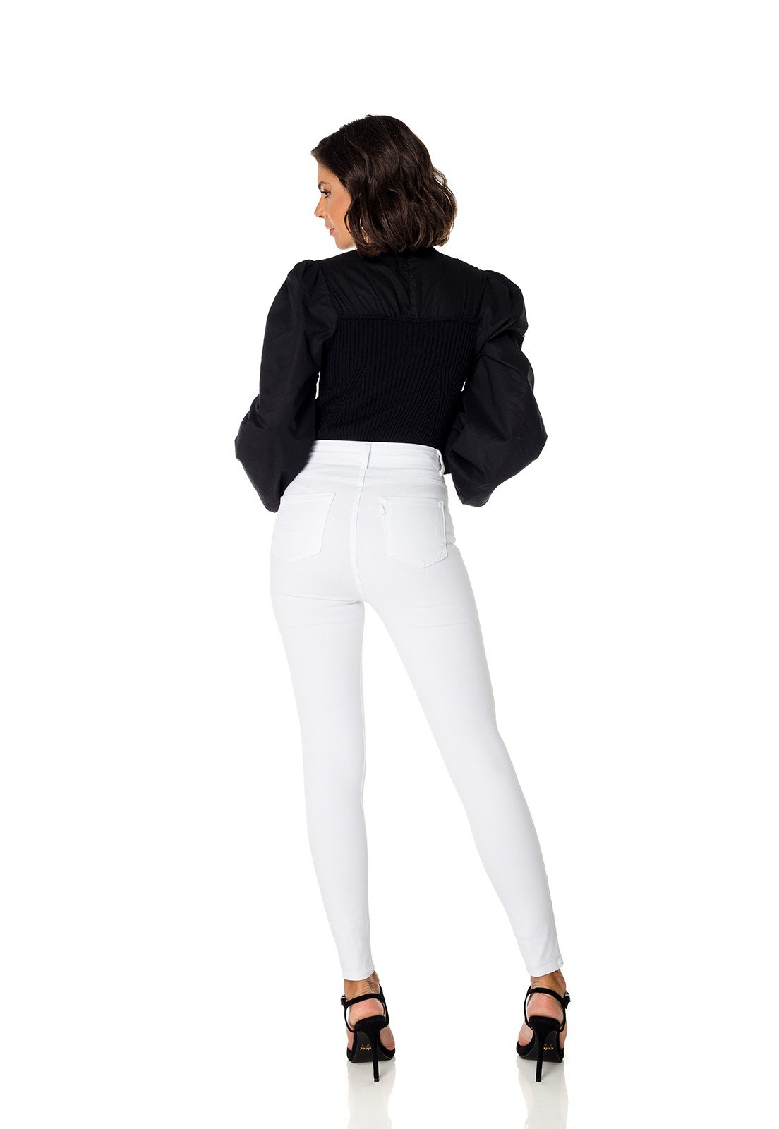 dz3714 re calca jeans feminina skinny hot pants black and white branca denim zero costas