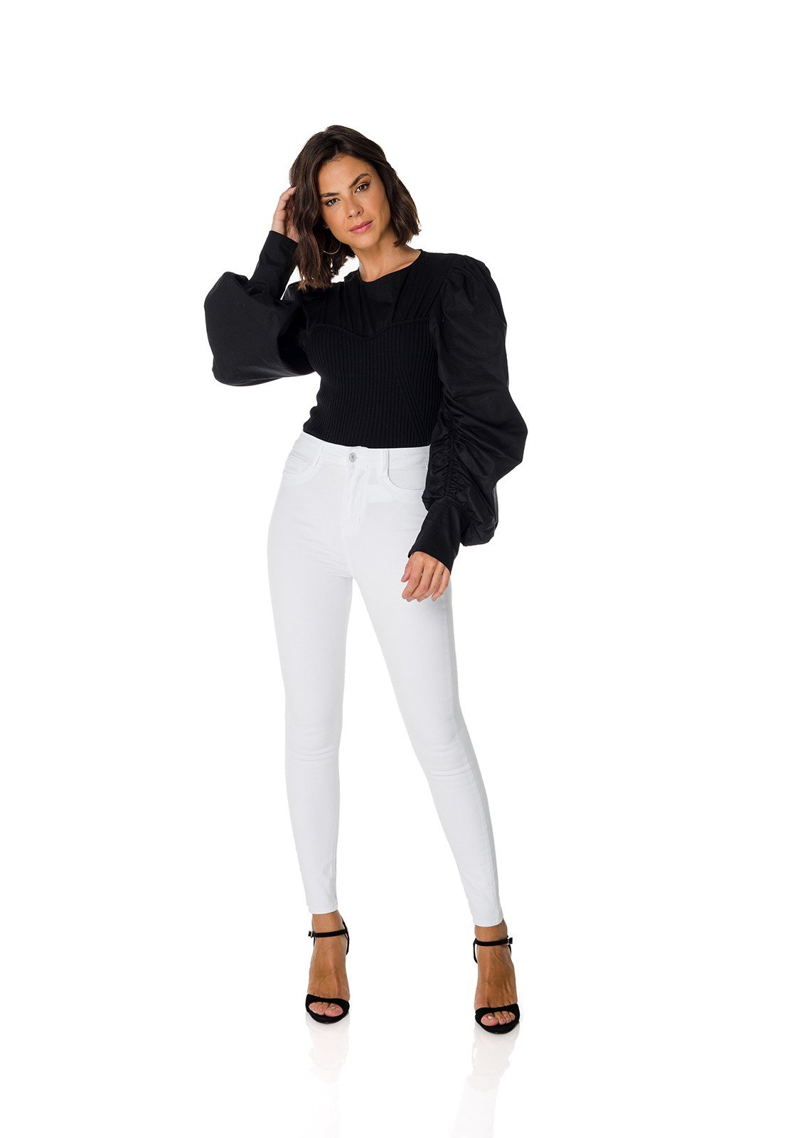 dz3714 re calca jeans feminina skinny hot pants black and white branca denim zero frente