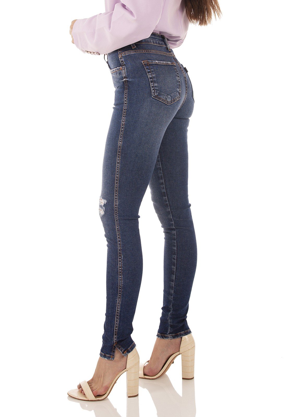 dz3720 re calca jeans feminina skinny media fenda lateral denim zero lado prox