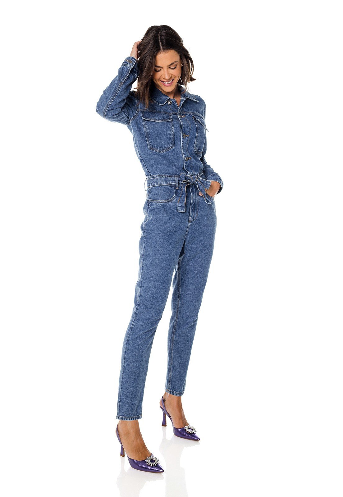 dz8050 alg macacao jeans feminino manga longa denim zero frente