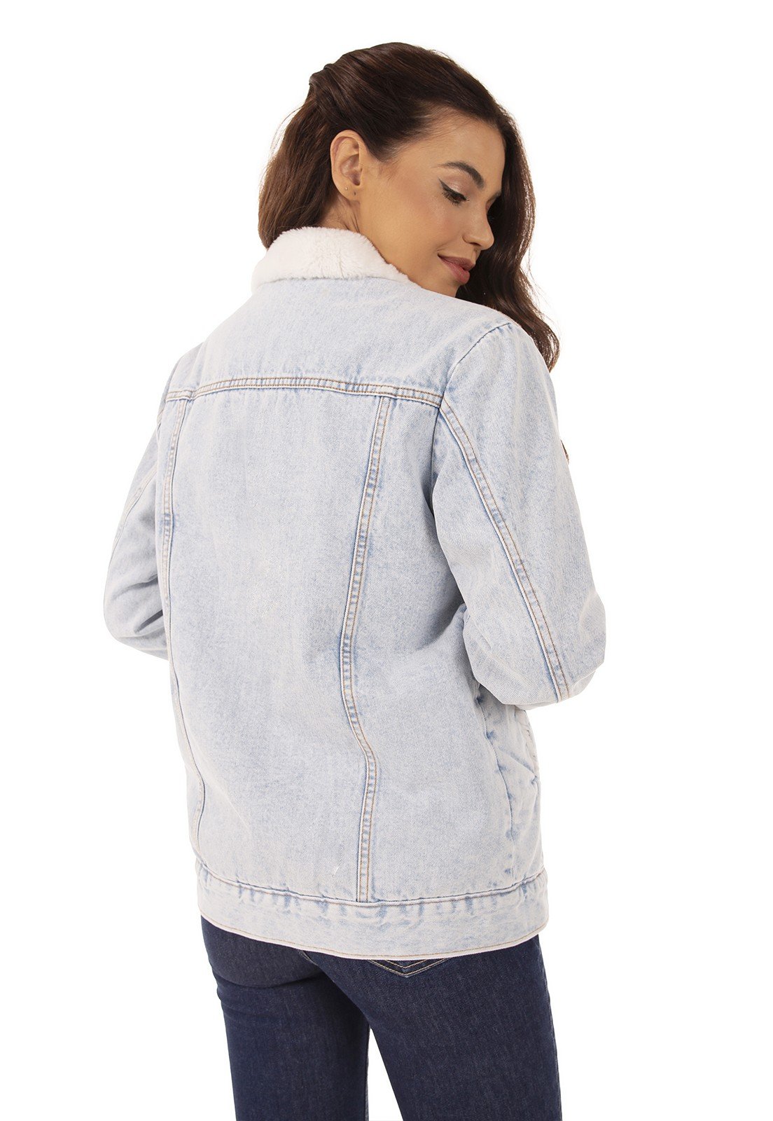 dz9136 alg jaqueta jeans feminina regular alongada de pelos denim zero costas
