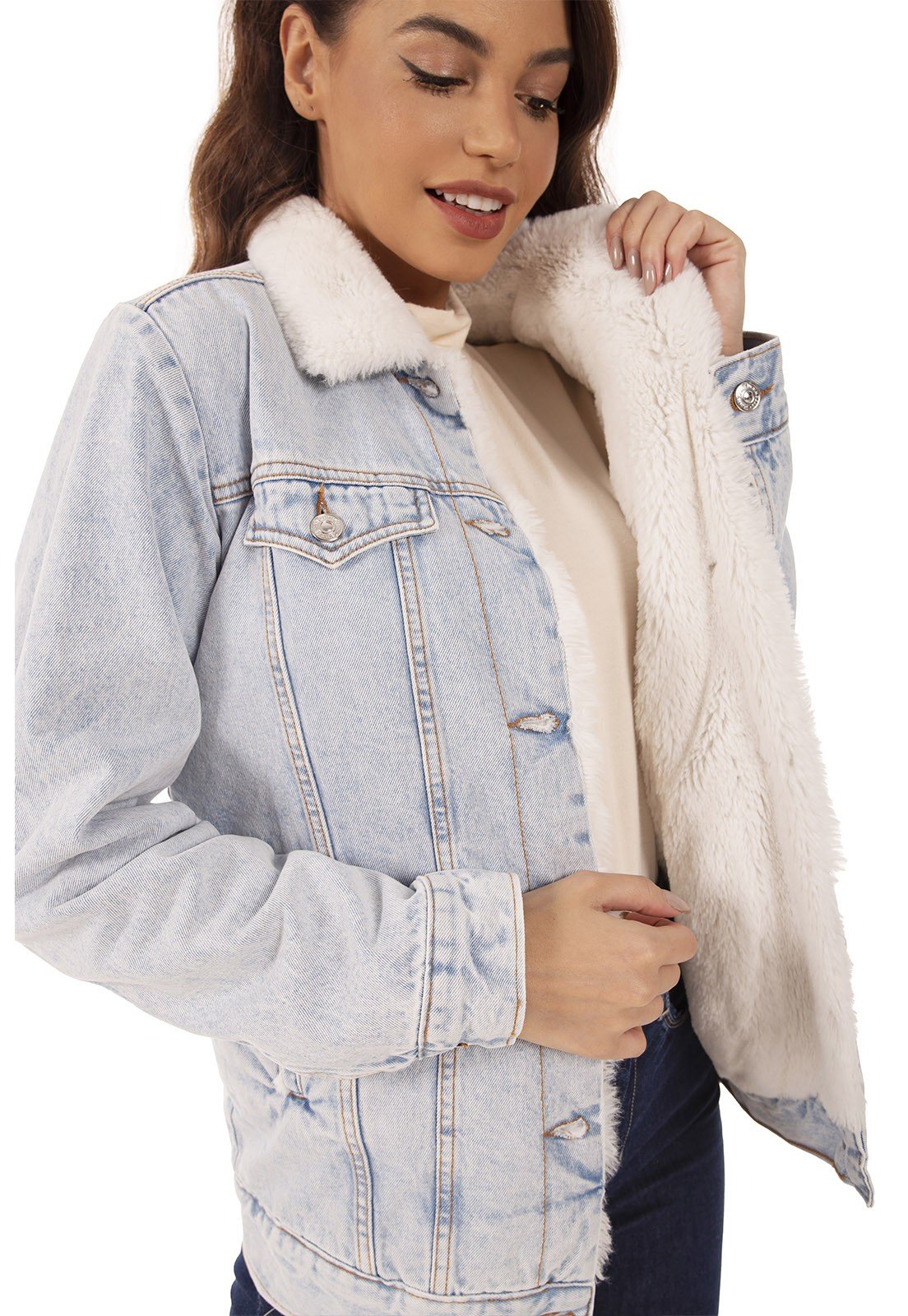 dz9136 alg jaqueta jeans feminina regular alongada de pelos denim zero detalhe