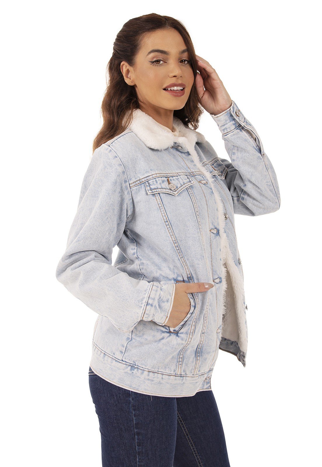 dz9136 alg jaqueta jeans feminina regular alongada de pelos denim zero lado