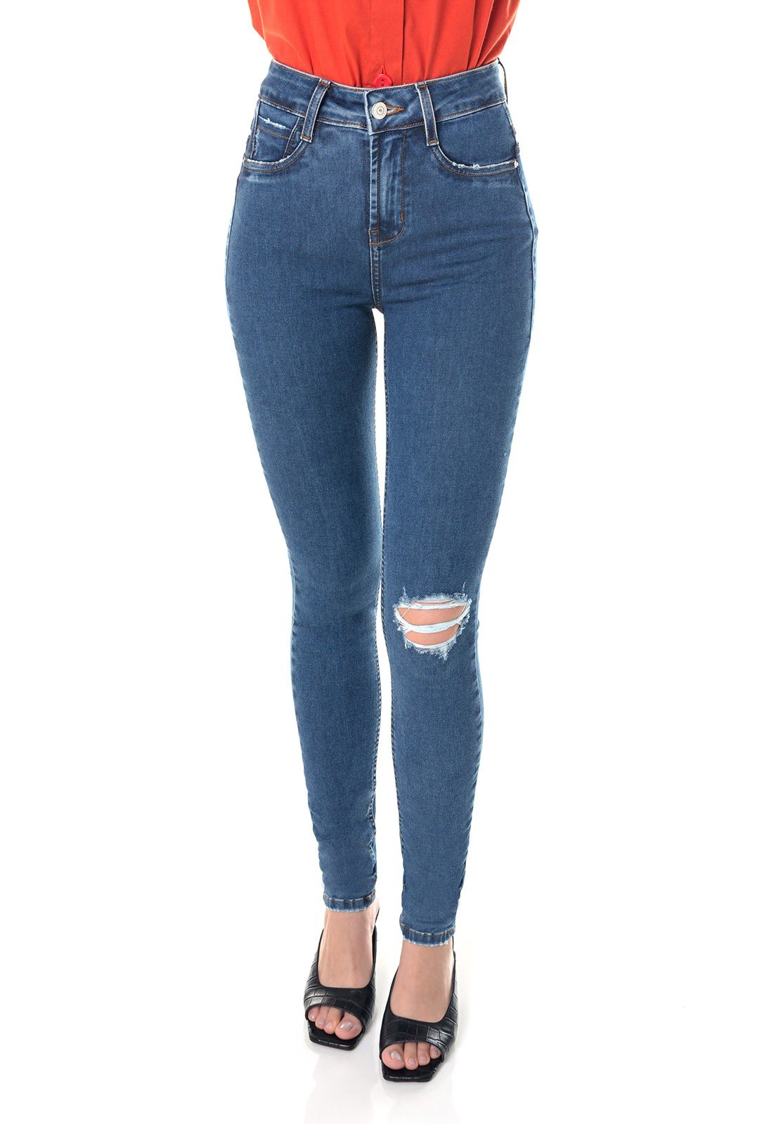 dz3645 re calca jeans feminina skinny media com rasgo no joelho denim zero frente prox