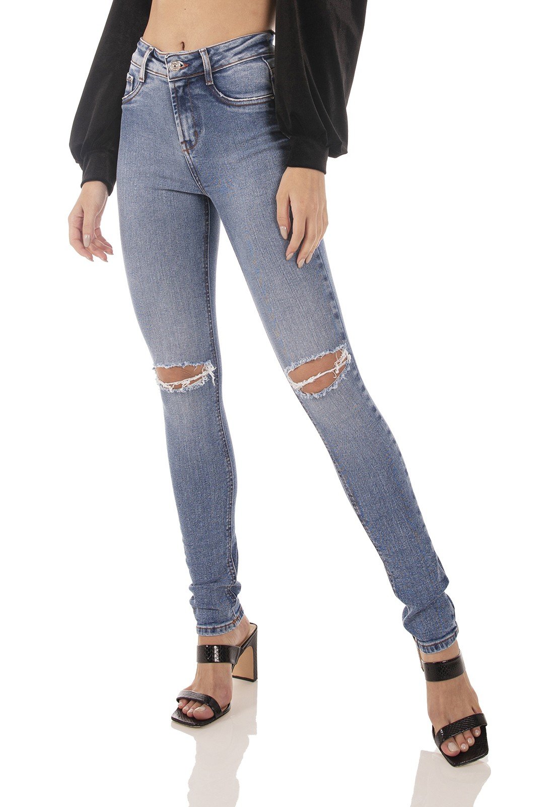 dz3723 re calca jeans feminina skinny media rasgos joelho denim zero frente prox