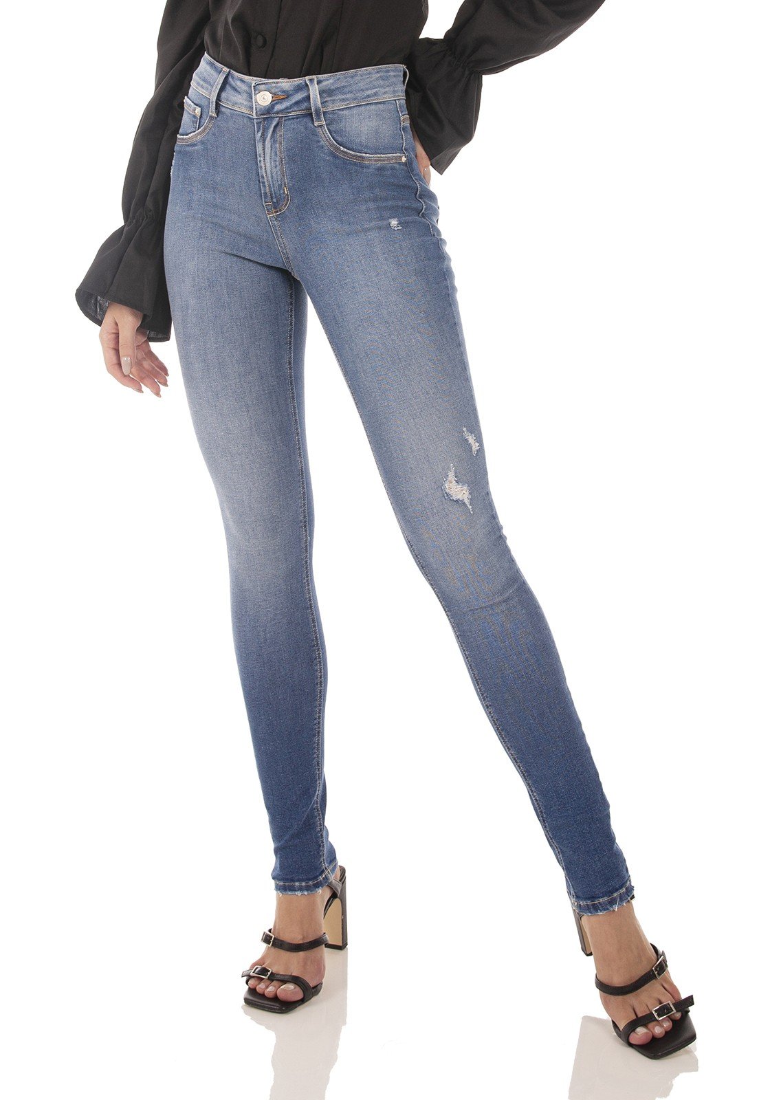 dz3716 com calca jeans feminina skinny media com puidos denim zero frente prox