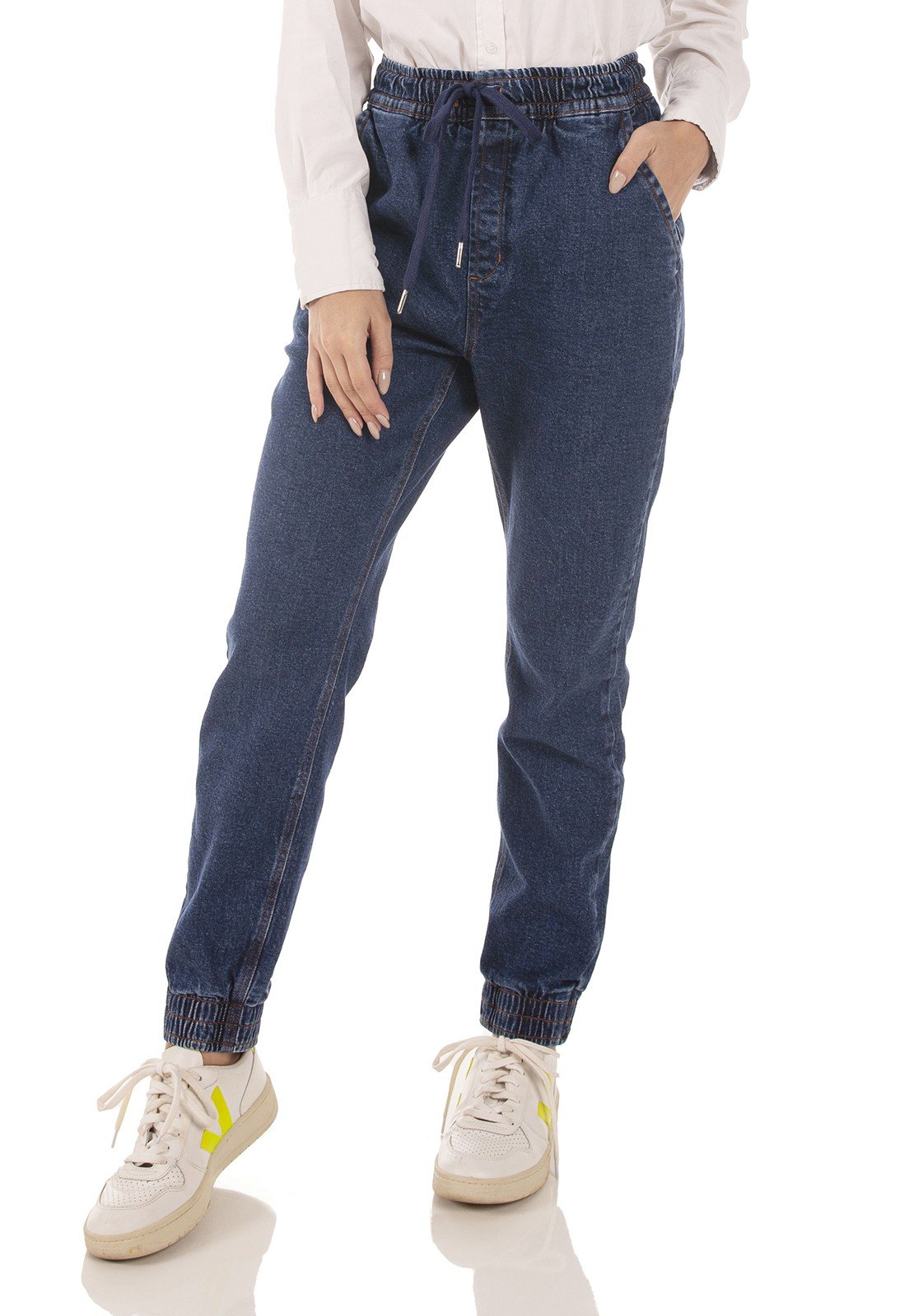 dz3737 com calca jeans feminina jogger com cordao funcional denim zero frente prox 2