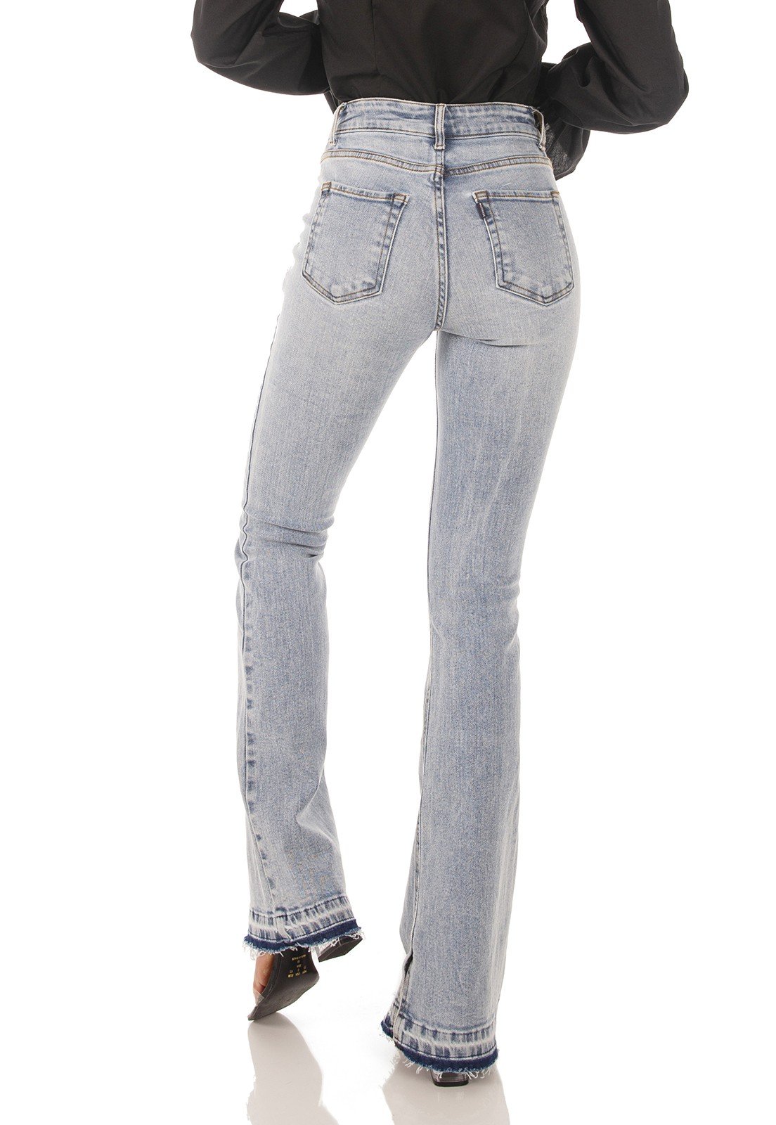 dz3744 re calca jeans feminina flare media barra dupla denim zero costas prox