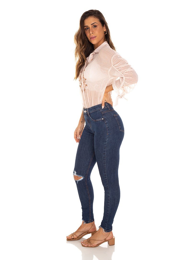 dz3477 calca jeans feminina skinny media cigarrete rasgo joelho denim zero lado
