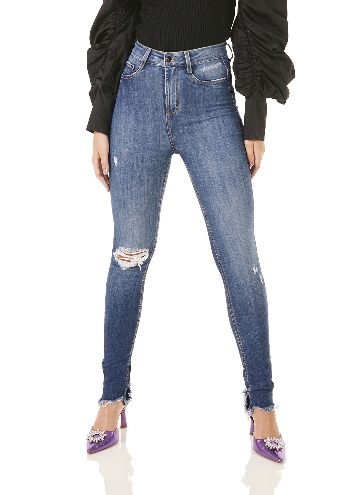 dz3775 com calca jeans feminina skinny hot pants rasgo joelho denim zero frente prox